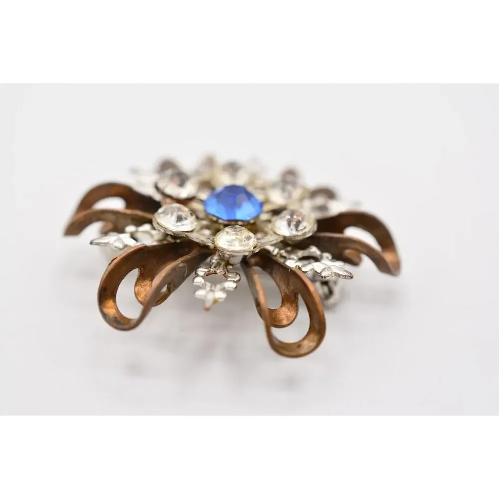 Vintage Flower Pin Brooch Brass Tone Metal Blue Rhinestone 3D Elegant 70s BinAL